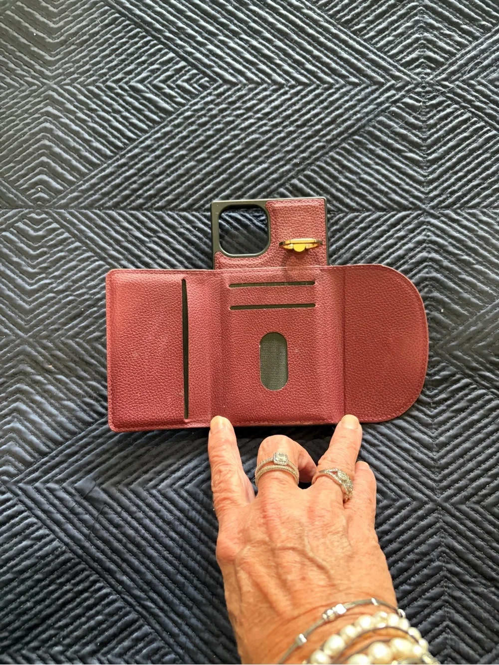 Leather Texture Burgundy Phone Case with Gold Ring Holder iPhone 13 wallet case
